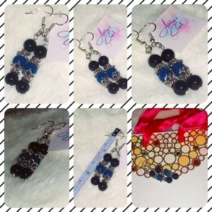 2" Silver 3 Tier Navy & Light Blue Ball Drop Earrings